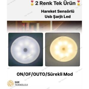 hareket sensörlü 16 led 400mah Şarjlı 2 renk beyaz ve gün işığı led auto dolap içi, koridor type c.